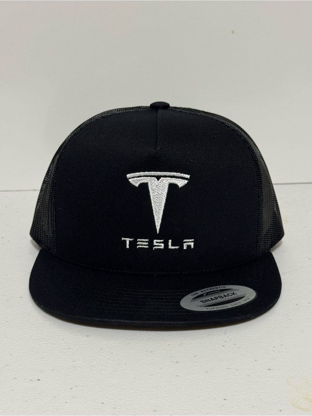 Tesla Embroidered Logo on Flat Bill Mesh Snapback Trucker Hat Cap